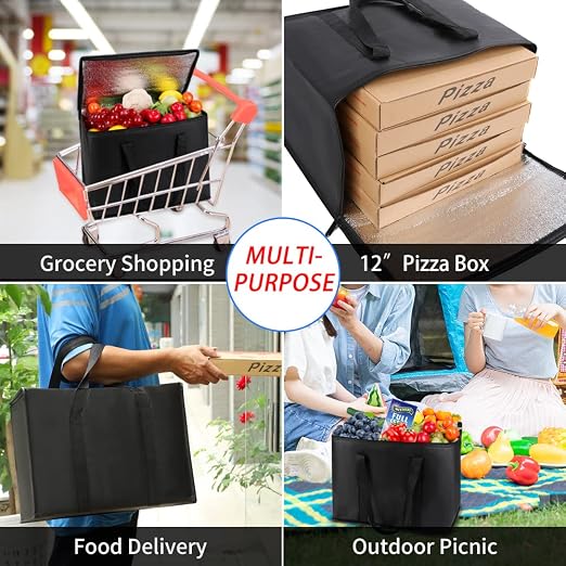 1-Pack Insulated Reusable Grocery Shopping Bags, X-Large, Black | Insulated Food Delivery Bag, For Drivers/Catering/Rideshare, Commercial Food Warmer, Tote Cooler Bags, Heavy Duty, Picnic