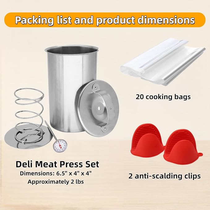 Deli Meat Press Stainless Steel with Thermometer, Lunch Meat Press Mold, Ham Maker Meat Press Tool, with 20 Cooking Bags + 2 anti-scalding clips, for Making Sandwich (Deli Meat Press Set)