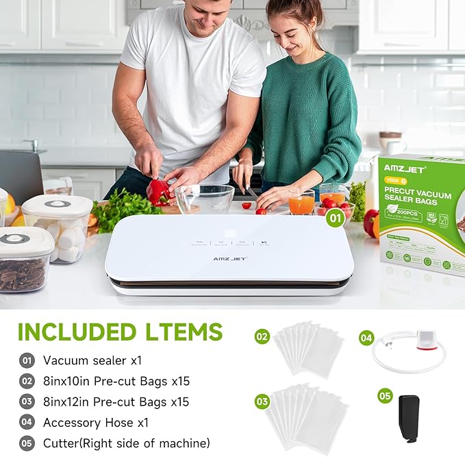 Vacuum Sealer for Food - Tempered Glass Panel, LED Touch Control, Digital Display, Pulse/Moist/Dry/Seal/External Suction Modes, Includes 30 Vacuum Bags & Built-in Cutter(White)