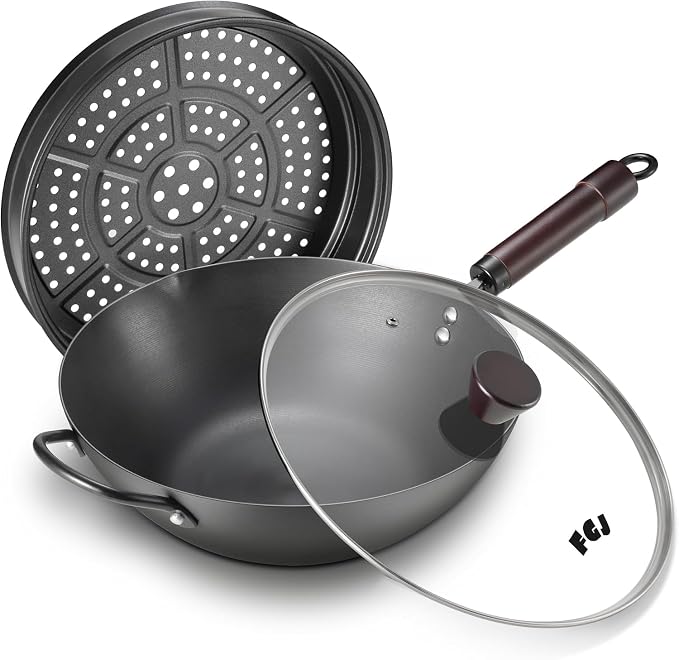 FGJ Wok, 13 Inch carbon steel wok pan with steamer & stir-fry pans nonstick, Pre-Seasoned 5.8QT Flat Bottom Chinese Woks Roasting Pan with lid, Carbon Steel Cookware, Compatible with All Cooktops