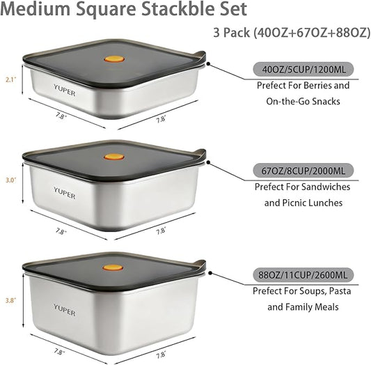 YUPER Stainless Steel Food Storage Containers, Meal Prep Container Sets with Lids, BPA Free, Leak Proof & Airtight, Microwave, Dishwasher, Fridge, Freezer & Oven Safe, 3 Pack (40+67+88OZ)