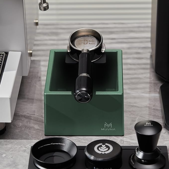 Espresso Knock Box with Brush, 15 Pucks Coffee Grounds Dump Bin with Silicone Knock Bar, Anti-Slip Base & Tamping Station, Quiet Knockbox Set for Barista Home Kitchen & Coffee Bar, Green