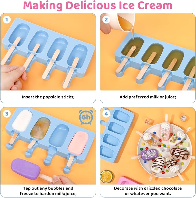 Ouddy Life Popsicle Molds Set of 2, Ice Pop Molds Silicone 4 Cavities Ice Cream Mold Oval Cake Pop Mold with 50 Wooden Sticks for DIY Popsicle (Pink, Blue)