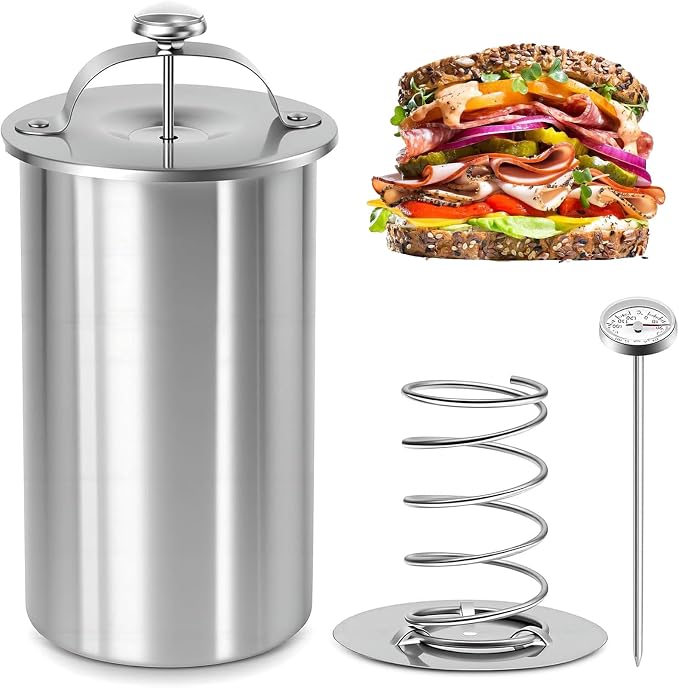Stainless Steel Ham Maker with Thermometer, 304 Food-Grade Deli Meat Press Mold, 2-2.5 Lbs Capacity, Easy to Use & Dishwasher Safe for Homemade Ham, Luncheon Meat, Bacon - Home & Commercial Use