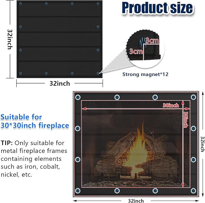 Magnetic Fireplace Blanket for Heat Loss Indoor Fireplace Covers Keep Drafts Out Stops Heat Loss Fireplace Draft Stopper with Built-in 12 Strong Magnet for Iron Fireplace Frame Fireplace Screen 32x32