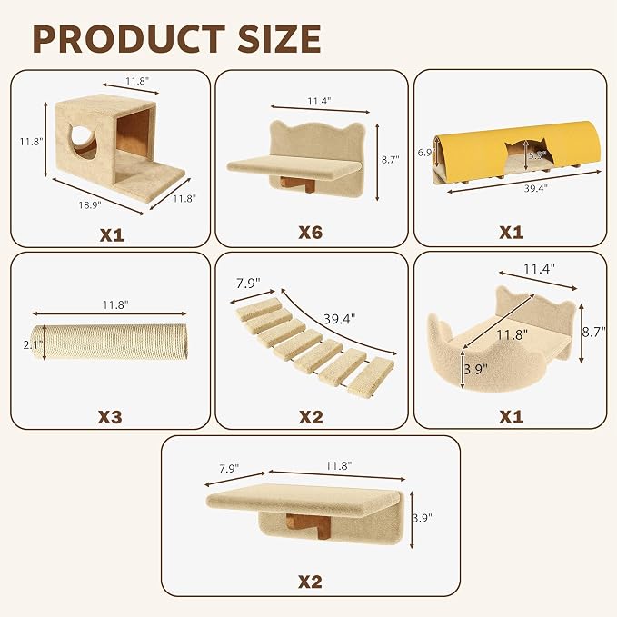 Cat Wall Furniture, 16 in 1 Cat Shelves w/Tunnel & Bridge, Beige | Wall Mounted Cats Shelf Set with Plush Fabric, Cat Climbing Wall Systems for 16 Inch Drywall, with Scratching Posts, Condos