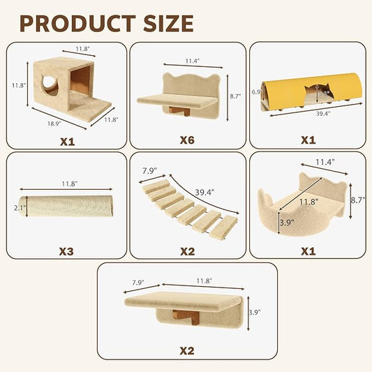 16-in-1 Cat Wall Shelves, Cat Furniture w/Tunnel & Bridge, Beige | Wall Mounted Cats Shelf Set with Plush Fabric, Cat Climbing Wall Systems for 16 Inch Drywall, with Scratching Posts, Condos