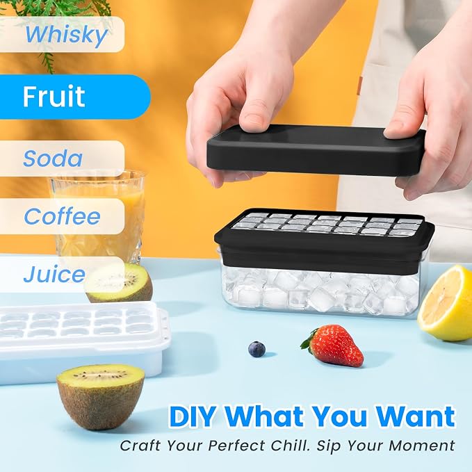 0.8“ Ice Cube Tray with Lid and Bin, PHINOX 28 Cubes Ice Trays for Freezer, Ice Cube Trays for Freezer with 1 tray, Container, Lid & Ice Scoop, BPA Free, Black(28Cubes/Tier)