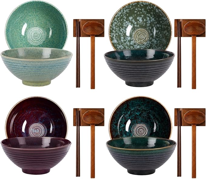 Geiserailie 40oz Ceramic Japanese Ramen Bowls Set of 4, 8 Inch Deep Asian Pho Udon Soup Noodle Bowls with Chopsticks, Spoons & Chopstick Rest -Microwave & Dishwasher Safe(Peacock Green)