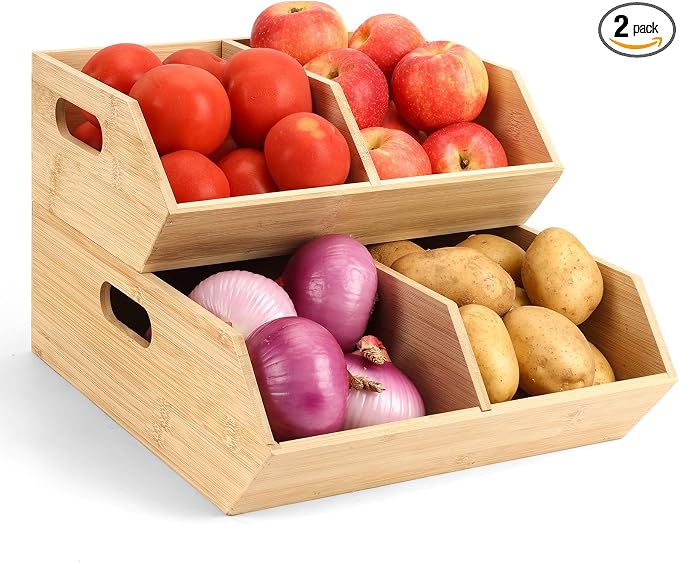 2 Set Pantry Organizers and Storage Bins, Bamboo Stackable Baskets for Potatoes, Onion, Bread, Vegetables - Bamboo Pantry Organizer Containers for Drawer, Cabinet, Countertop