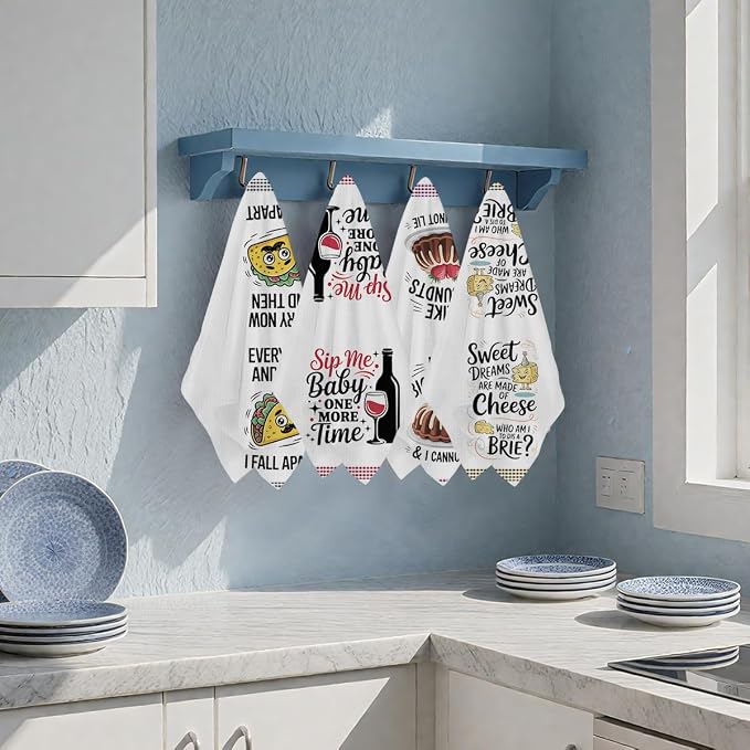 4PCS Funny Kitchen Towel, Cute Decorative Dish Towels Sets | Absorbent Waffle Hand Towels, Housewarming Gifts for New Home, Women, Mom, Funny House Warming Presents, Hostess Gifts