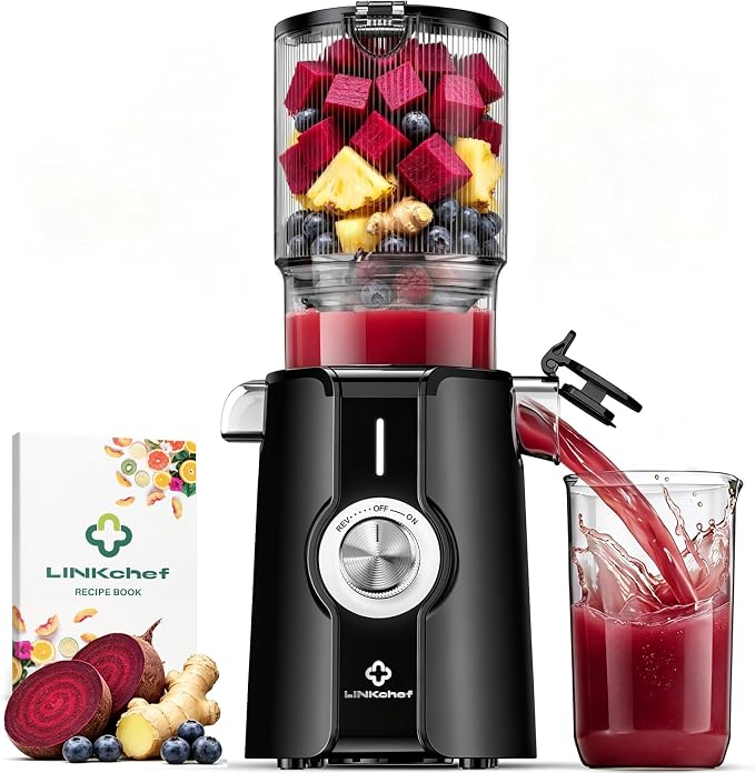 LINKChef Cold Press Juicer Machine, 4.53" Whole Fruit Slow Masticating Juicer with Auto Cutting, 200W Quiet Motor & High Juice Yield, Easy Clean Compact Juicer Extractor with Recipe Guide