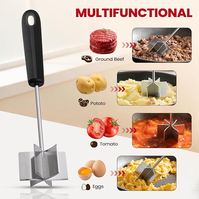 Stainless Steel Meat Chopper, Goldusk 10 Inch Meat Masher Ground Beef Chopper Tool with 6 Curve Blades & Ergonomic Non-Slip Handle, Hamburger Smasher Tool Ground Meat Smasher Dishwasher Safe
