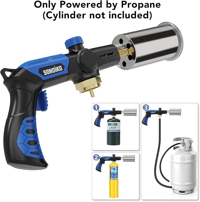 Sondiko Powerful Grill & Cooking Propane Torch L8010, Blue & Black | Sous Vide, Campfire Starter, Adjustable Weed Torch Burner for Searing Steak, BBQ, Welding, Propane, Tank Not Included