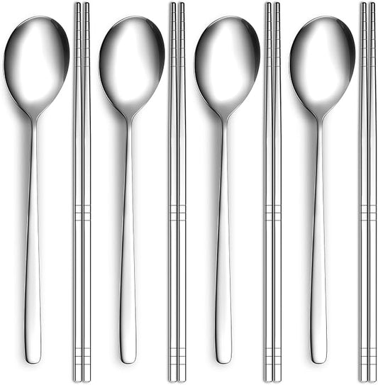 Reusable Spoon and Chopsticks Set, 4 Piece Korean Long Handle Stainless Steel Spoon and Chopsticks Set, Dishwasher Safe for Home, Kitchen or Restaurant