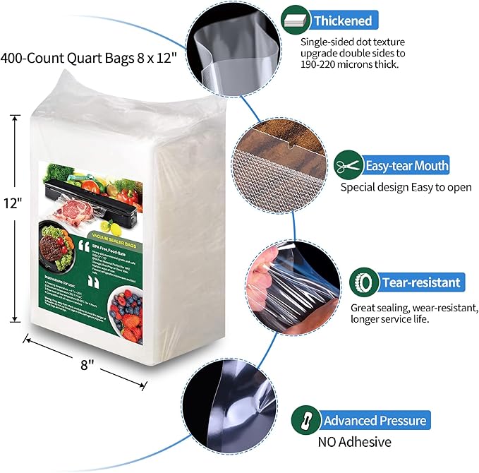 AENTGIU 400 Vacuum Sealer Storage Bags, 8x12 Inch Seal a Meal Bags, BPA Free Quart Bags, Compatible with All Heat Vacuum Sealers Machine, Heavy Duty, Great for vac storage, Meal Prep or Sous Vide