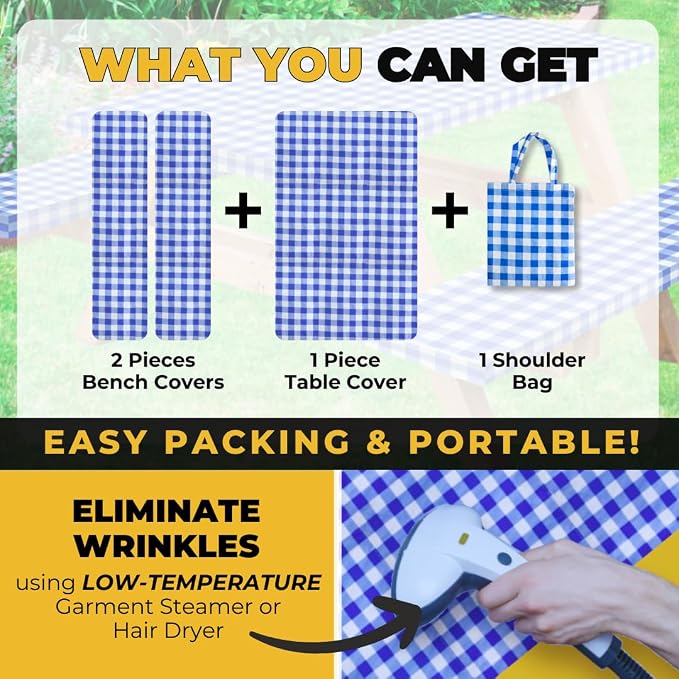 Vinyl Fitted Picnic Table Cover with Bench Covers & Bag 8ft Blue Checkered | Vinyl Fitted Picnic Table Cover with Bench Covers and Bag, Outdoor Waterproof Windproof Picnic Tablecloth with Elastic Edges.