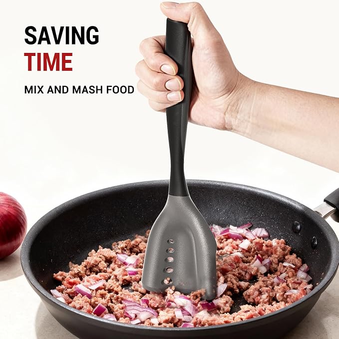 2Pack Meat Chopper Mincing Spatula, Silicone Grinder for Ground Beef | Heat Resistant, Smasher for Potato Mix Tool, Non-Scratch for Non-Stick Pans, Meat & Poultry Tenderizers, Black