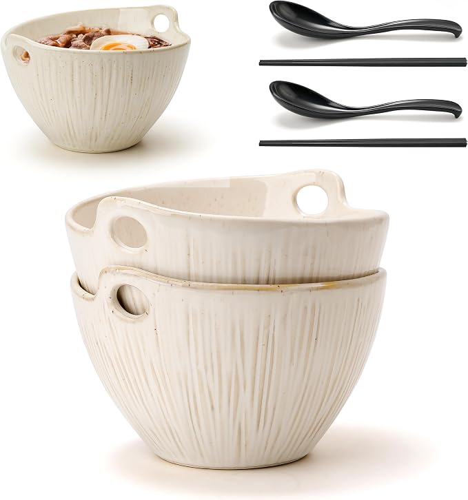 Ramen Bowl with Chopsticks and Spoons Set, 7 Inch Ceramic Noodle Bowl Set of 2, Donburi Bowl Dishwasher Safe for Pho Udon Soba Noodle Salad Pasta, Special Aged Ivory Speckle Bowls Set