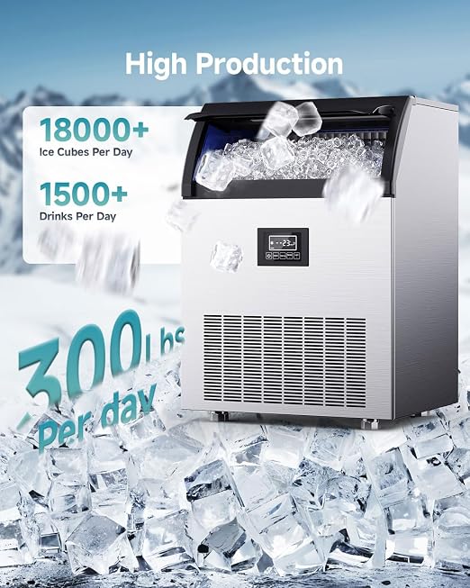 EUHOMY Commercial Ice Maker, 300lbs/24H, Stainless Steel Under Counter Freestanding Ice Machine with Water Filter, 44lbs Storage Capacity, 126 Cubes in 8-12 Mins for Home/Bar/Cafe/Restaurant