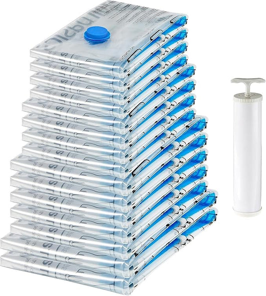 Amazon Basics Vacuum Compression Space Saving Storage Bags with Hand Pump for Clothes Packing, Pack of 15, Multiple Sizes, White