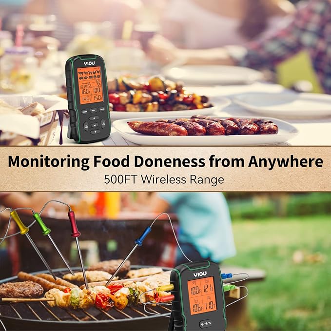 Wireless Meat Thermometer for Cooking, Digital Meat Thermometer with 4 Probes, 500FT Ultra Accurate & Fast Food Thermometer for Oven, Smoker, Green