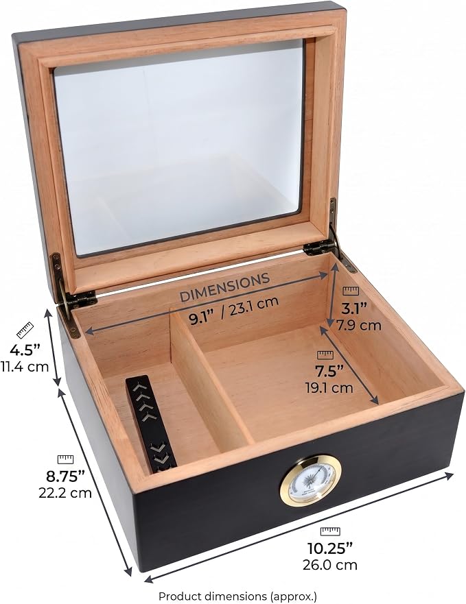 Premium Cigar Humidor - Holds 25-50 Cigars, Spanish Cedar Wood with Ebony Black Finish, Shatter-Resistant Glass Top, Built-In Hygrometer, Humidifier & Divider Included - 10.25" x 8.75" x 4.5"