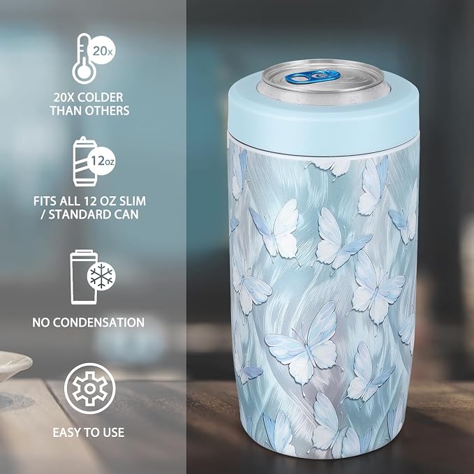 4-in-1 Slim Can Cooler Easy to Hold Insulated Beer Can Holder Double-Walled Stainless Steel for All 12 Oz Cans Blue Butterfly