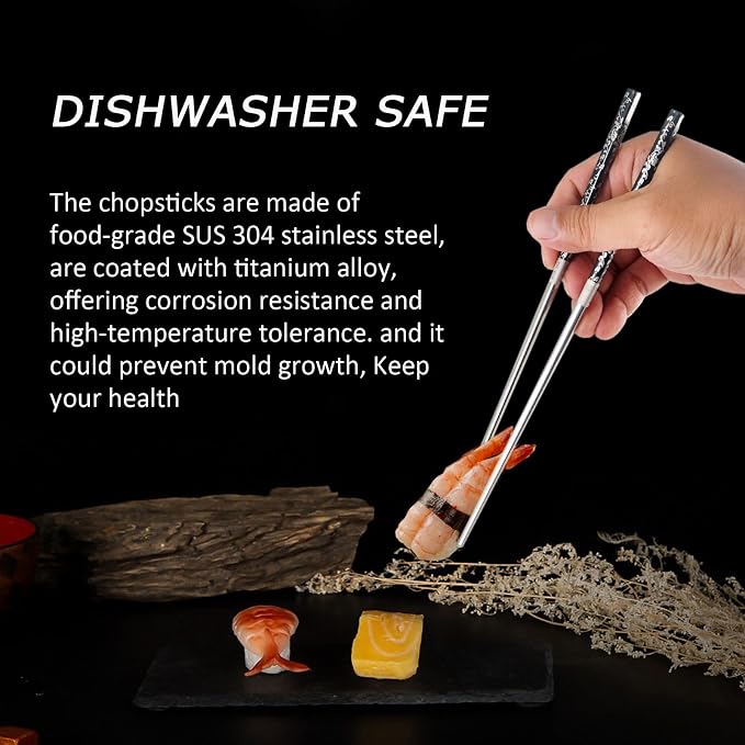 Metal Chop Sticks Reusable Dishwasher Safe with Holder, SUS 304 Stainless Steel Chopsticks, Elegant Chopsticks Reusable Non-Slip Design Gift Set (Metal)
