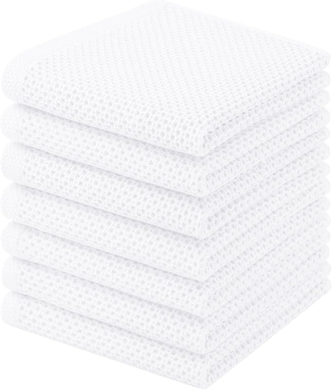 Homaxy 100% Cotton Waffle Weave Kitchen Dish Cloths, 7-Pack, White | 12 x 12 Inches, Ultra Soft Absorbent Dish Towels, Quick Drying Dish Rags with Hanging Loop