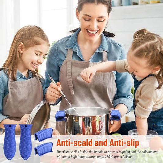 4 Pack Silicone Hot Handle Holder Cover Cast Iron Handle Cover Silicone Pot Holders Heat Resistant Assist Pan Handle Sleeve Non-Slip Pot Handle Covers for Cast Iron Skillet Metal Pan(Blue)