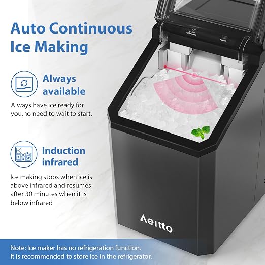 Aeitto Nugget Ice Maker Countertop, 55lbs/Day, Large Capacity Chewable Ice Maker, Rapid Ice Release in 5 Mins, Self-Cleaning with Stainless Steel Housing Ice Machine for Home Office and Party, Black