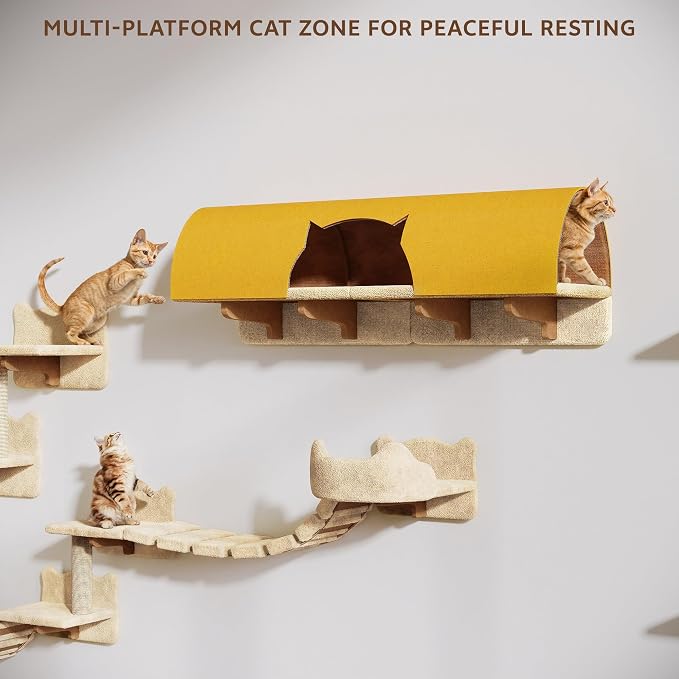 Cat Wall Furniture, 16 in 1 Cat Shelves w/Tunnel & Bridge, Beige | Wall Mounted Cats Shelf Set with Plush Fabric, Cat Climbing Wall Systems for 16 Inch Drywall, with Scratching Posts, Condos