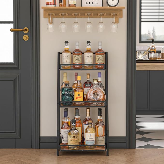 Hayexiha 3-Tier Liquor Stand for Home Bar, Stepped Freestanding Wine Rack | Compact Display: 15.55-inch-wide wood-and-iron stand has three fenced tiers and adjustable feet for corners or home bars.