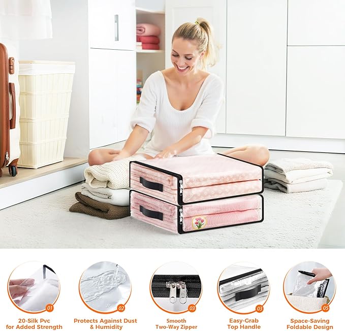 SpaceWhisper 4 Pack Clear Storage Bags, Plastic Blanket Storage Bags with Zipper and Handle, Moving Bags for Comforter, Bedding & Clothes, Closet Organizer and Under Bed Storage (15.7x13.8x3.9 Inch)