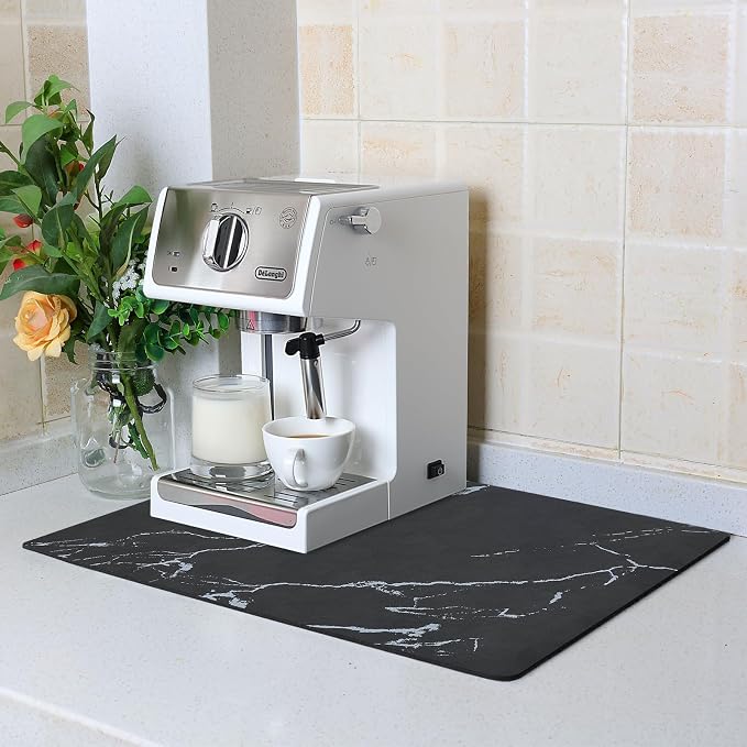 ZLR Coffee Bar Mat for Keurig & Nespresso, 12"x16" Small, Marble Black | Absorbent Dish Drying Mat, Stain-Hiding PU Leather Top, Non-Slip Rubber Back, Heat-Resistant, Fits Frother & Pour-Over