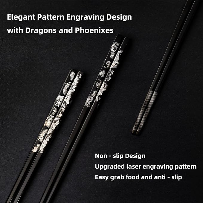 2 Pairs Reusable Stainless Steel Chopsticks, Non-Slip Grip, Dishwasher Safe, Japanese & Korean Style, Metal Chopstick Gift Set for Cooking, Dining & Travel 18/10 (9")