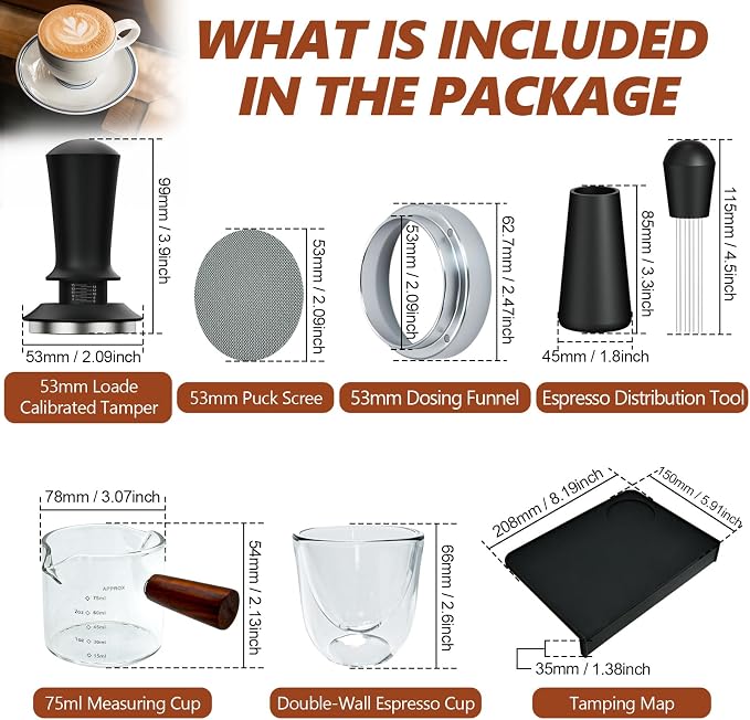 7 Pcs 53mm Espresso Accessories Kit, Spring Loaded Calibrated Tamper, WDT Tool, Coffee Measuring & Espresso Cup and Tamper Mat, Puck Screenr & Dosing Funnel, Fit 54mm Espresso Machines & Portafilters