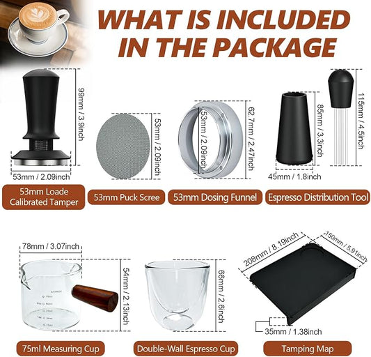 7 Pcs 53mm Espresso Accessories Kit, Spring Loaded Calibrated Tamper, WDT Tool, Coffee Measuring & Espresso Cup and Tamper Mat, Puck Screenr & Dosing Funnel, Fit 54mm Espresso Machines & Portafilters