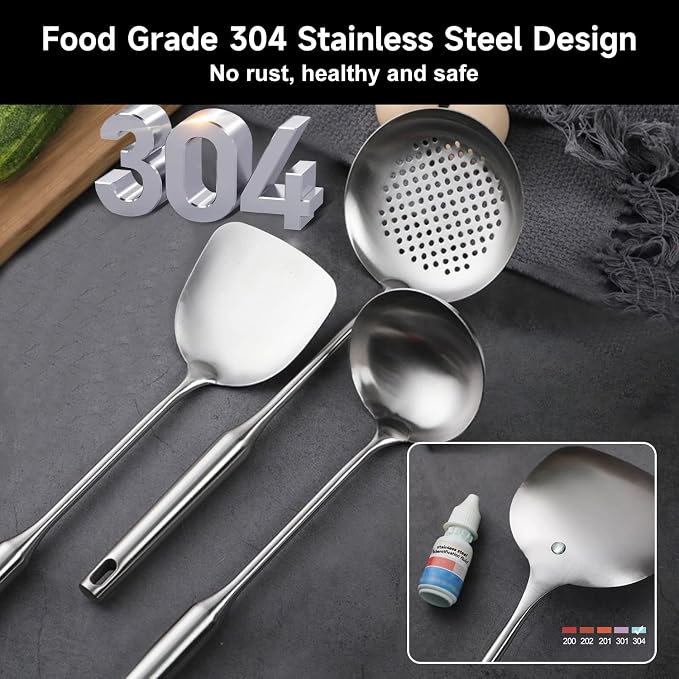 Wok Utensils for Carbon Steel, Stainless Steel Wok Spatula, Wok Tools Professional Set, 3-Pieces Food-Grade 304 Stainless Steel Cooking Utensils All Metal, Dishwasher Safe