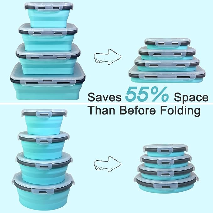 Guyuyii 8-Pack Silicone Collapsible Food Storage Containers with Lids | Stackable Storage Set with 12-40oz for RV, Meal Prep, Camping, BBQ, Pet Food | Microwave Freezer Dishwasher Safe