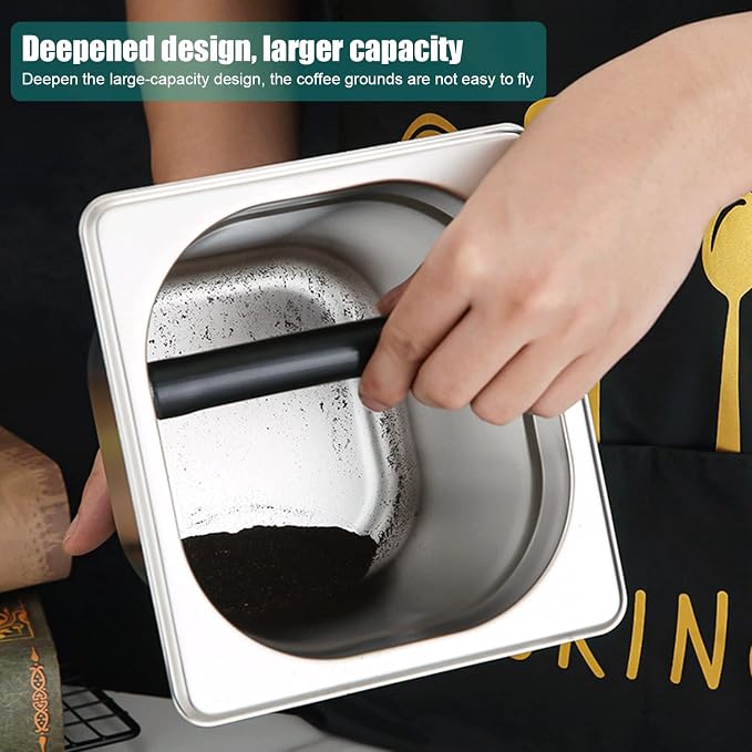 Stainless Steel Espresso Knock Box with Rubber Bar for Storing Underneath Most Espresso Machines