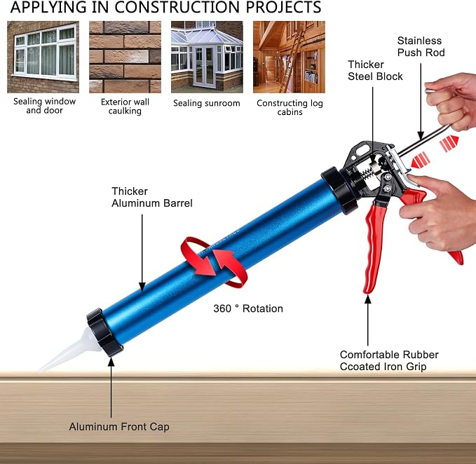 Three bearing energy-saving blue aluminum tube universal sausage glue gun, reusable to prevent dripping, 12:1 thrust, uniform thrust (two pieces)