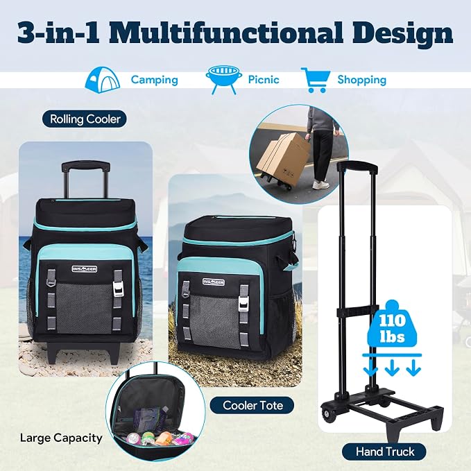 INSMEER Cooler with Wheels and Handle, 80 Cans/50L Rolling Cooler, Portable Soft Sided Cooler with Wheel, 2-in-1 Collapsible Trolley Cart, Large Coolerbag for Grocery Shopping