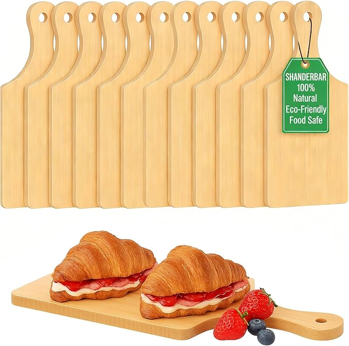 12 Pcs Small Wood Cutting Board with Handle,11x5 In Mini Charcuterie Boards | Hanging Unfinished Bamboo Chopping & Serving Board Bulk for Craft,Laser Engraving, Charcuterie, Home Decor, Housewarming Gift
