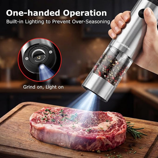 Bonsenkitchen Electric Salt and Pepper Grinder Set, 95ml Large Capacity, Clean Brush, Stainless Steel Adjustable Pepper Mill with LED for Kitchen, BBQ & Camping, Battery Powered (Not Included)