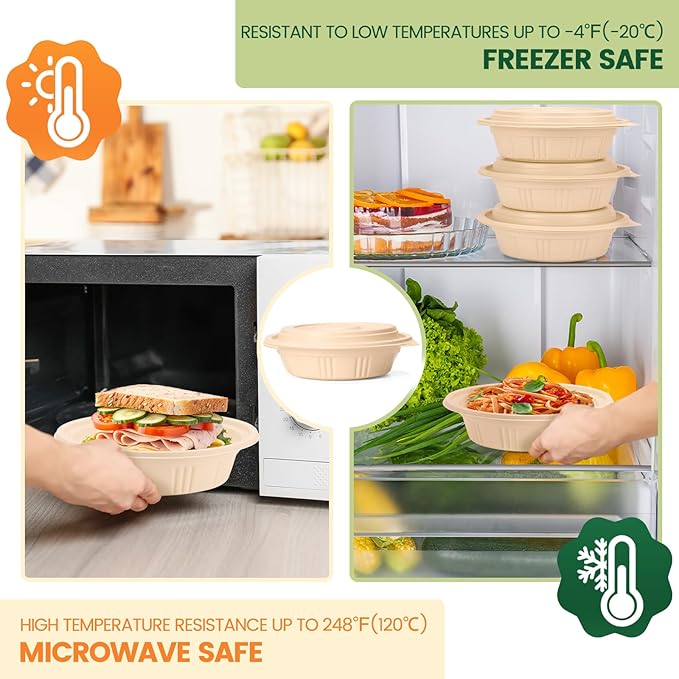 100 Piece (50 Pack) Meal Prep Bowl Containers with Lids, Cornstarch Round Food Containers for Lunch Salad Deli Soup, BPA Free Plant-based Take Out Containers Microwave & Freezer Safe, 16 oz