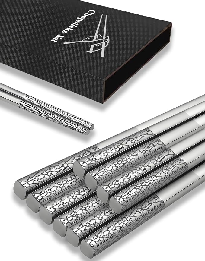 Metal Chopsticks Reusable 5 Pairs,18/8 Stainless Steel Gift set,Broken Ice | Dishwasher Safe,Non-Slip Grip,Good for Beginners,Come in a Gift Box,SUS304 Resistant to Rust,Square,Chop Sticks Silver,9.25''