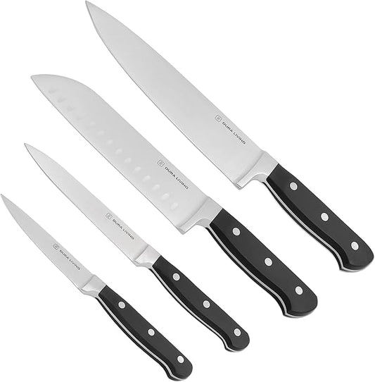DURA LIVING Chef's Knife Set, 4 Piece Cutlery Knife Set, Superior Forged High Carbon Stainless Steel Ultra Sharp 8 Inch Chef, 7 Inch Santoku, 5 Inch Utility, 3.5 Inch Paring Knives, Black