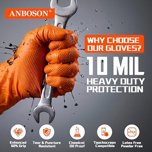 ANBOSON 10 Mil Heavy Duty Industrial Nitrile Gloves, Orange Large 500 Count | 500 Ct Diamond Texture, Disposable Latex Free Rubber Gloves for Auto Repair,Workshop,Warehouses,Chemical Handling Industrial